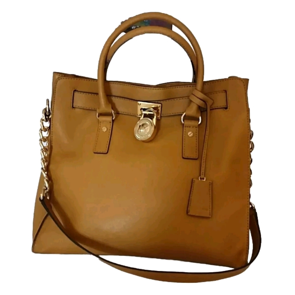 MICHAEL KORS SAFFIANO LEATHER LARGE TAN BROWN SATCHEL SHOULDER BAG HANDBAG
